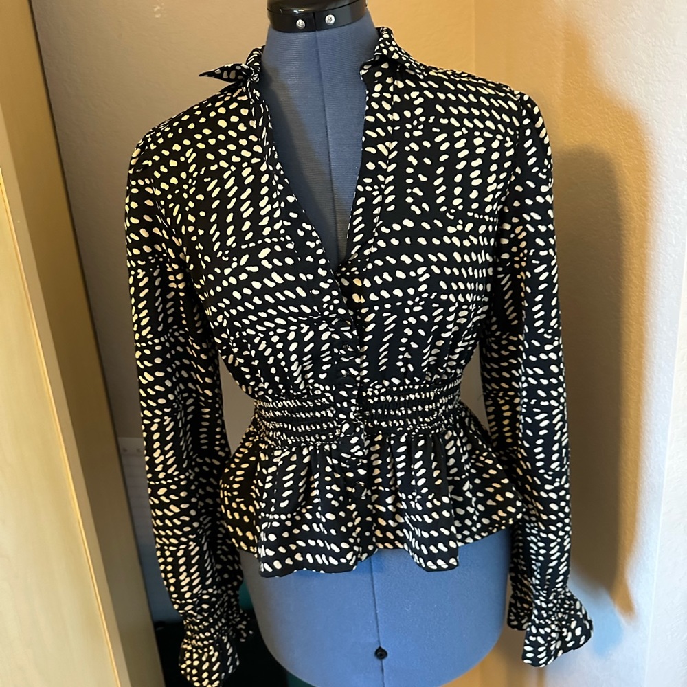 Express Black and Off White Patterned Long Sleeved Blouse